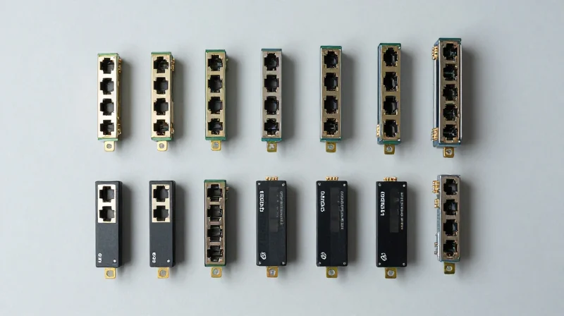 A collection of various generations of network modules arranged neatly.