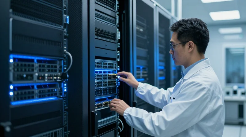 A technician working in a modern data center server room with AI clusters.