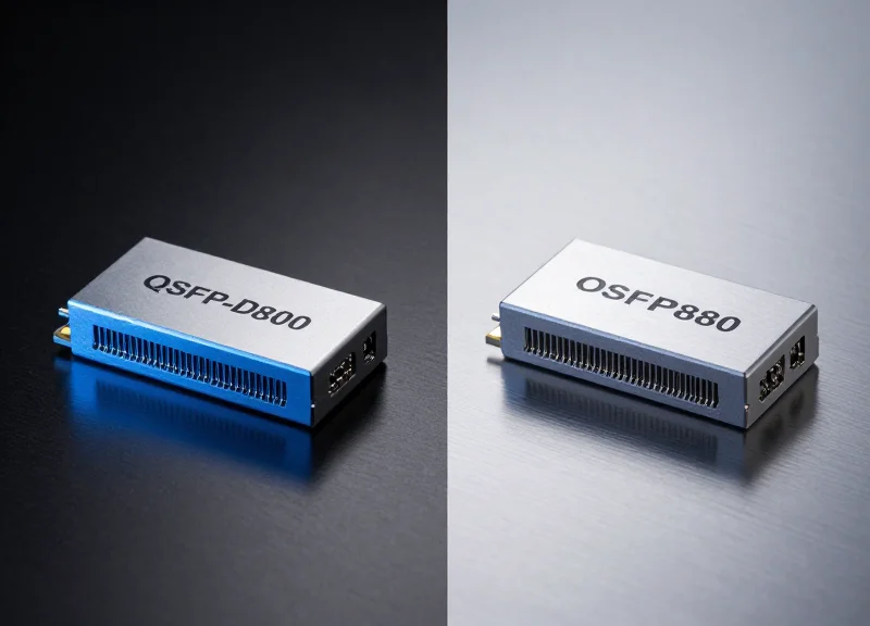 A professional side-by-side comparison of two high-speed 800G optical transceiver modules on a sleek dark surface with studio lighting.