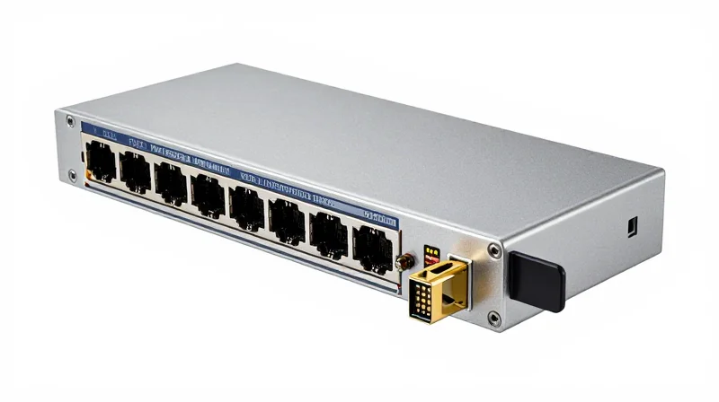 A high-precision optical transceiver module with a sleek metallic finish and high-density electrical pins.