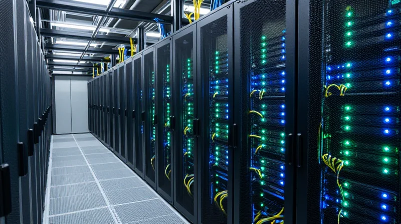 Modern hyperscale data center with server racks and fiber optic cabling.