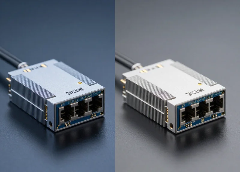 Two different high-speed fiber optic transceiver modules positioned side-by-side on a sleek reflective surface, highlighting their industrial design and optical ports under professional studio lighting.