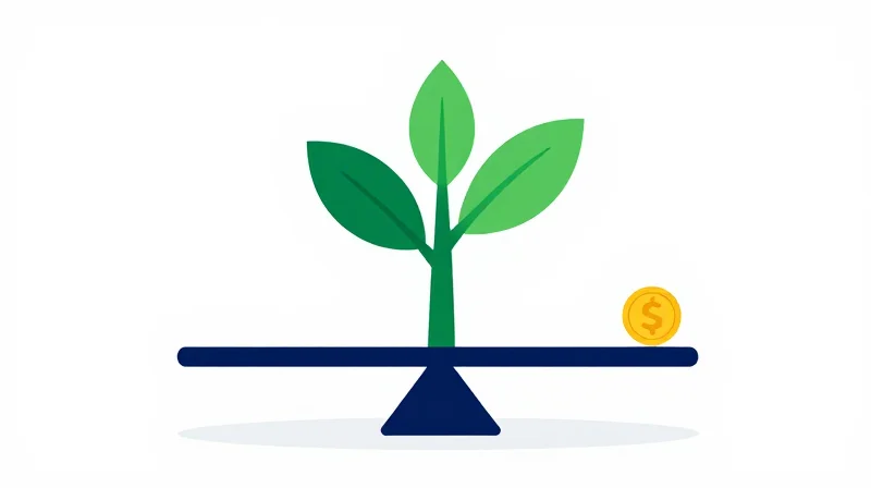 Total Cost of Ownership (TCO) Breakdown Flat vector illustration of a scale balancing a small coin against a large growing green plant.