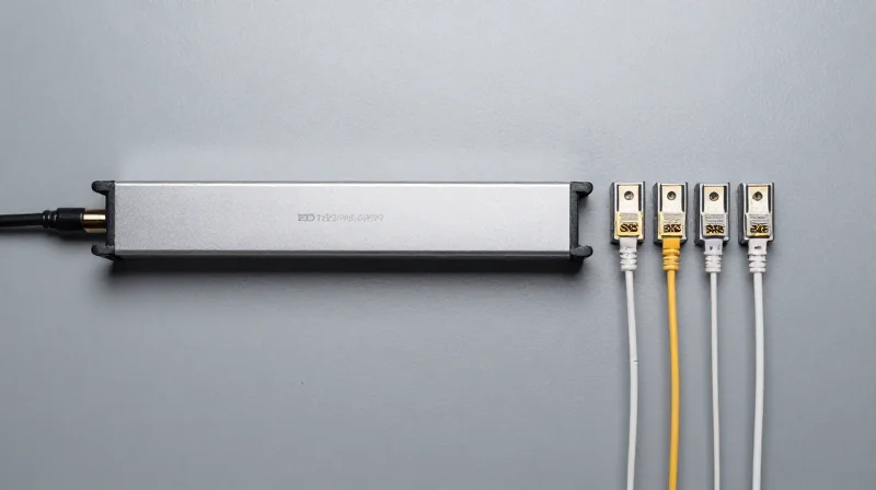 Cabling Infrastructure and Breakout Capabilities Flat lay photography of professional networking hardware featuring fiber optic breakout cabling.