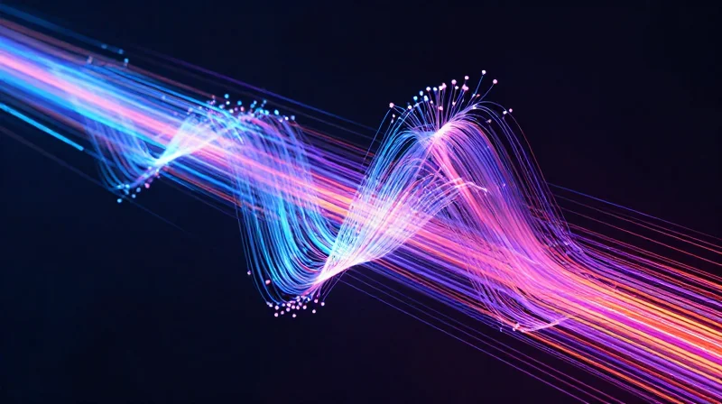 Abstract visualization of global data streams evolving from thin lines to thick, vibrant light pulses representing a bandwidth upgrade.
