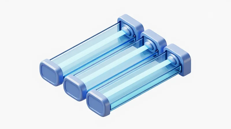 Isometric 3D model showing four parallel fiber optic lanes with light beams inside representing the DR4 standard.