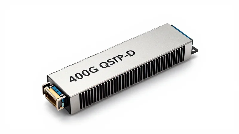 High-resolution studio shot of a 400G QSFP-DD optical transceiver module focusing on the metallic finish.