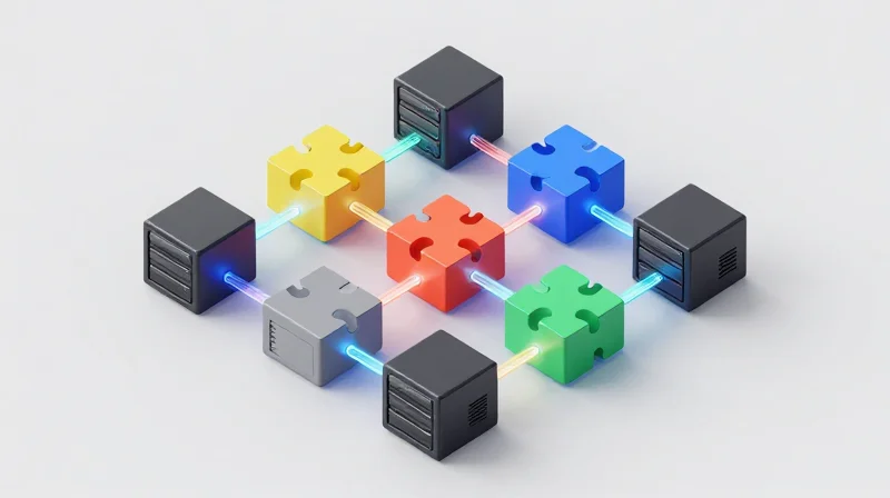 3D illustration of diverse server racks and networking gear connected seamlessly in a modular layout.