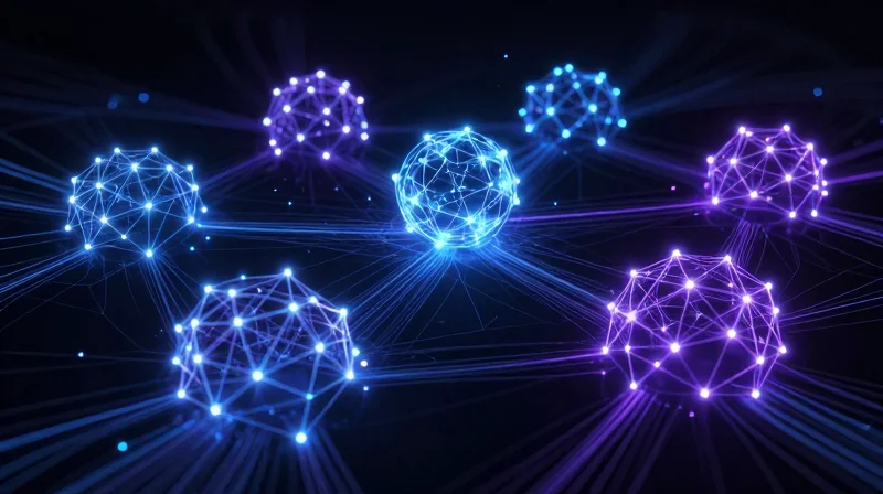 Futuristic concept art of AI clusters and 5G networks represented by glowing nodes and high-speed data trails.