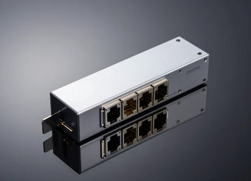 High-performance 400G QSFP-DD DR4 optical transceiver module with metallic housing and fiber optic ports.