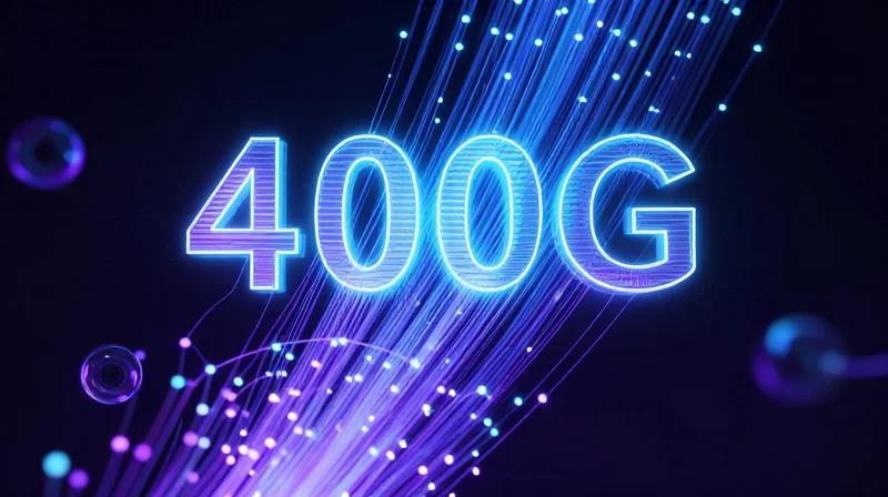 Abstract conceptual visualization of high-speed 400G data flow with glowing fiber optics and digital nodes.