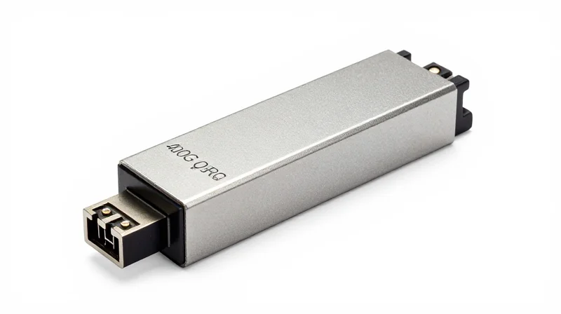 High-resolution studio photograph of a 400G QSFP-DD DR4 transceiver module.