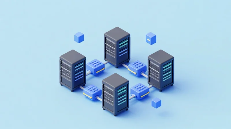 Isometric 3D illustration of a multi-vendor network system with connected server racks and optical nodes.