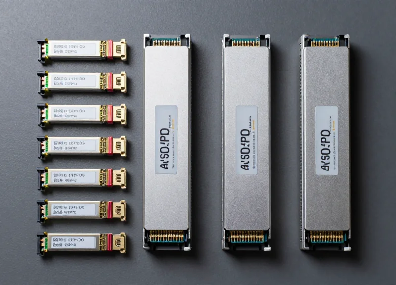 A large collection of 400G QSFP-DD DR4 transceiver modules neatly arranged in a grid for wholesale display