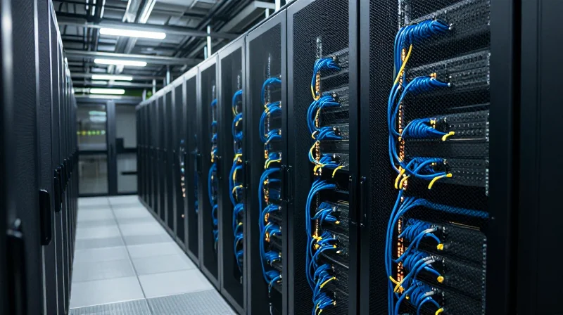Deployment Scenarios in the Data Center High-tech data center environment showing server racks and fiber cabling