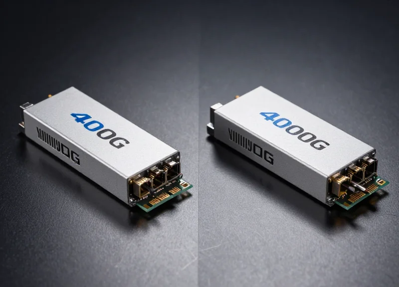 Two high-end optical transceiver modules placed side-by-side on a reflective dark technical surface, showcasing different industrial designs.