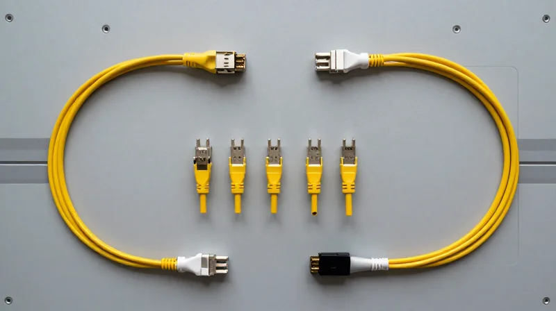 Flat lay photography of single-mode fiber cables and network connectors arranged neatly.