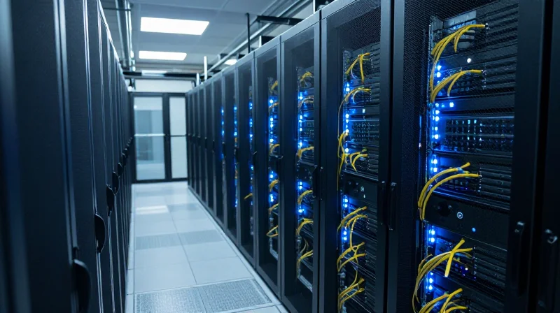 The Strategic Shift to 400G FR4 in Modern Data Centers A wide-angle cinematic view of a modern high-density data center with rows of server racks and blue ambient lighting.