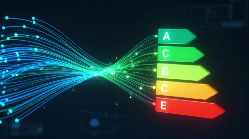 Optimizing Power Consumption for Hyperscale Efficiency Abstract visualization of energy efficiency with glowing green and blue light streams representing low power consumption.
