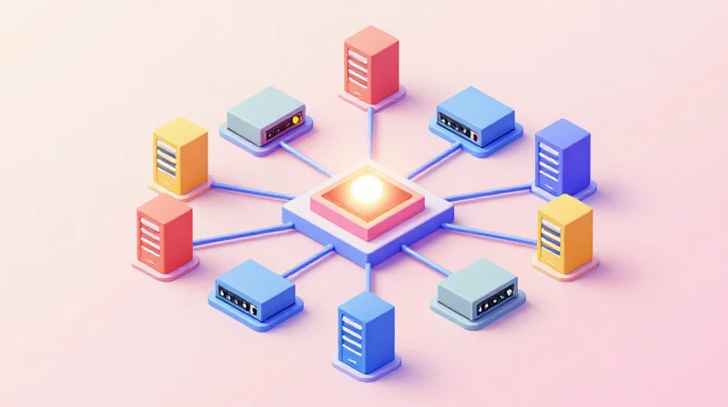 Seamless Interoperability with Multi-Vendor Ecosystems A 3D visualization showing various networking hardware components from different vendors connecting seamlessly to a central hub.