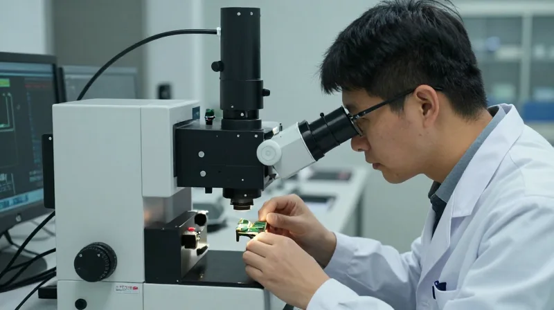 Quality Assurance: The Ubytelink Testing Protocol An optical network engineer in a high-tech lab performing bit-error rate testing on 400G modules.