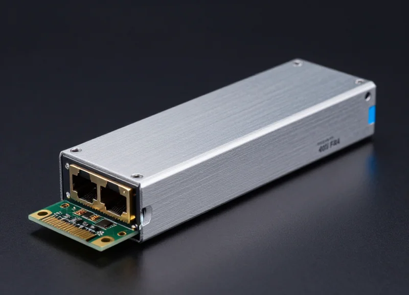 A professional studio photograph of a premium 400G FR4 optical transceiver module with a sleek metallic finish and high-quality components.