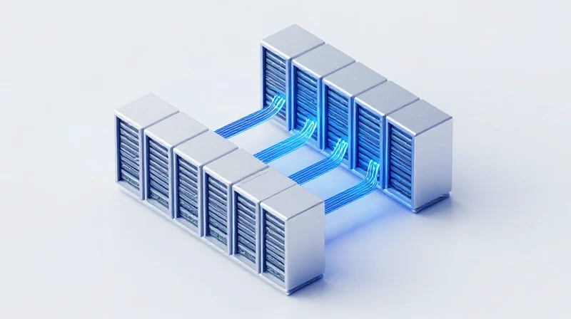 The Rise of 400G FR4 in Modern Data Centers Isometric 3D illustration of a modern data center with interconnected server racks.