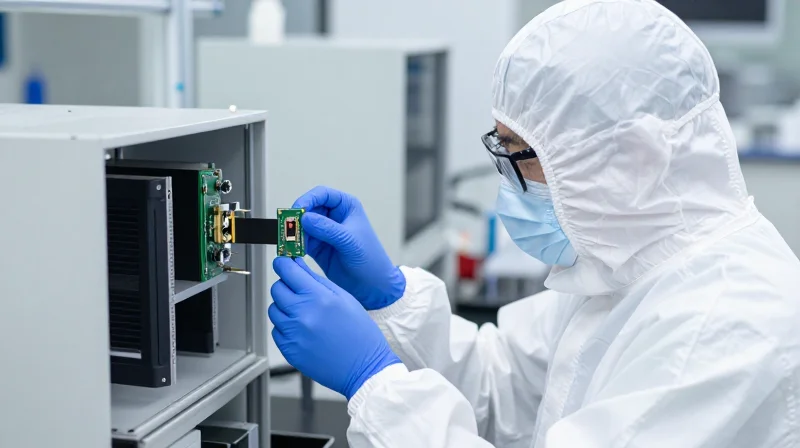 Evaluating Supplier Reliability and Quality Control Professional engineer in a clean room suit inspecting a 400G module.
