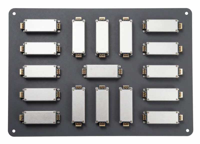 A group of high-speed 400G FR4 optical transceiver modules neatly arranged in a professional knolling layout on a technical surface.