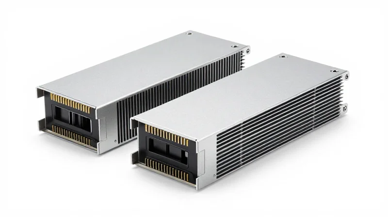 Critical Hardware: QSFP-DD and OSFP Form Factors Clean studio shot of two different 400G optical transceiver modules.
