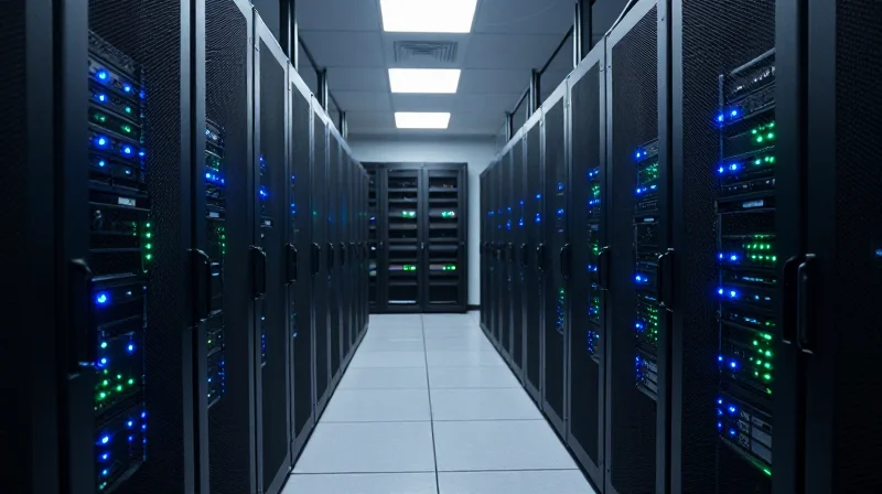 Key Use Cases: DCI and Metro Networks Photorealistic view of a modern data center with glowing server racks.