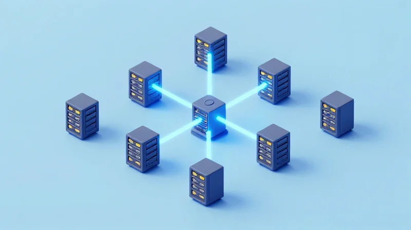 Isometric 3D illustration of a long-distance 400G LR4 optical fiber architecture with tiny servers and glowing laser paths.