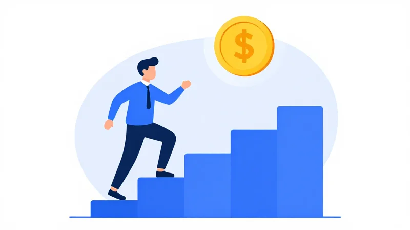 Flat vector illustration of a person climbing a staircase made of abstract blocks representing long-term investment and cost efficiency.