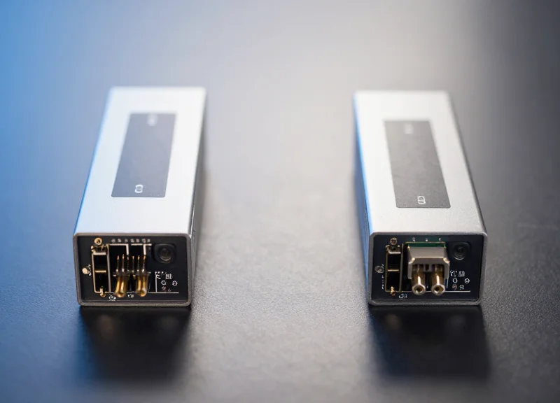 A professional side-by-side comparison of two high-performance fiber optic transceiver modules on a sleek, dark reflective surface with cinematic blue lighting.