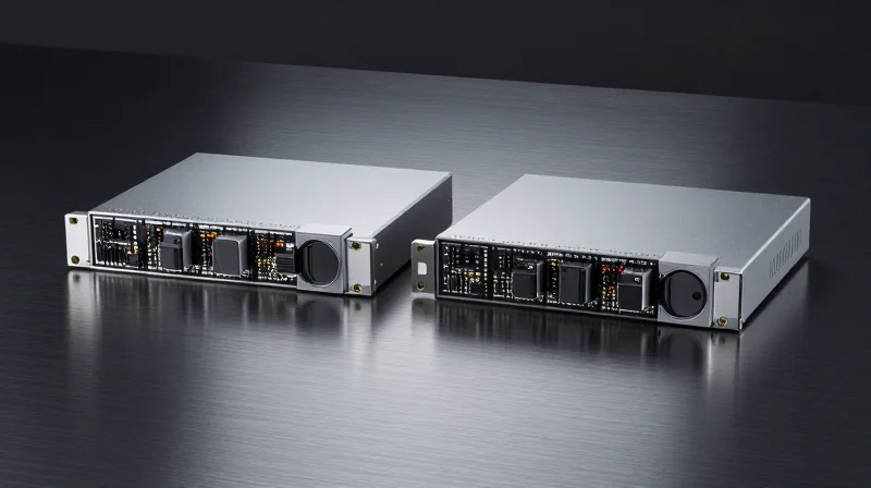 Side-by-side comparison of two high-performance optical transceiver modules on a dark technical surface.