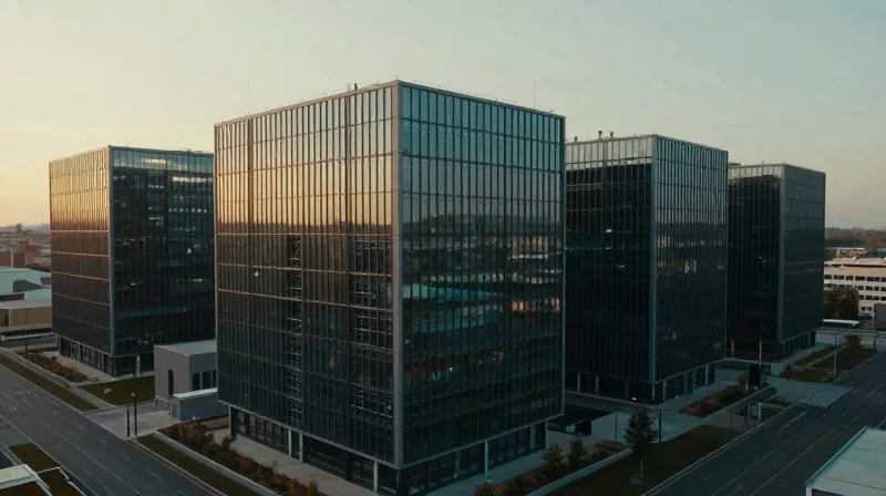 Photorealistic wide shot of a modern enterprise data center campus in a metropolitan area during the golden hour.