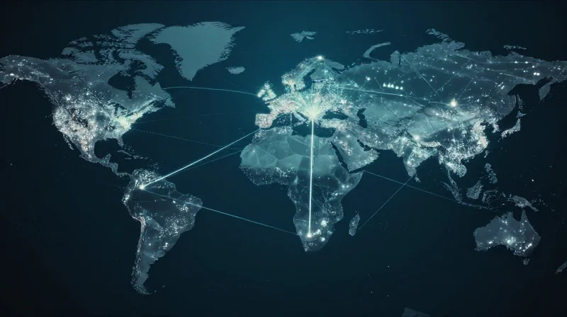 A cinematic view of fiber optic light paths connecting glowing cities across a global map, representing long-distance data transmission.