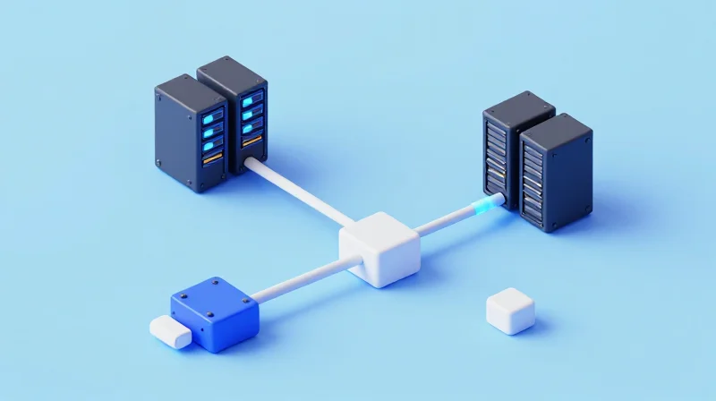 An isometric 3D model of two data centers connected by a 10km glowing optical fiber line, showing modular components.