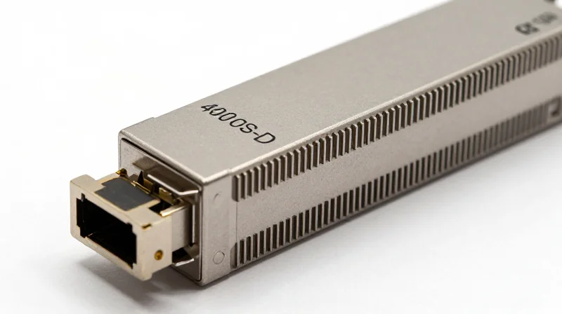A close-up studio shot of a 400G LR4 QSFP-DD transceiver focusing on its metallic heat dissipation fins and sleek design.