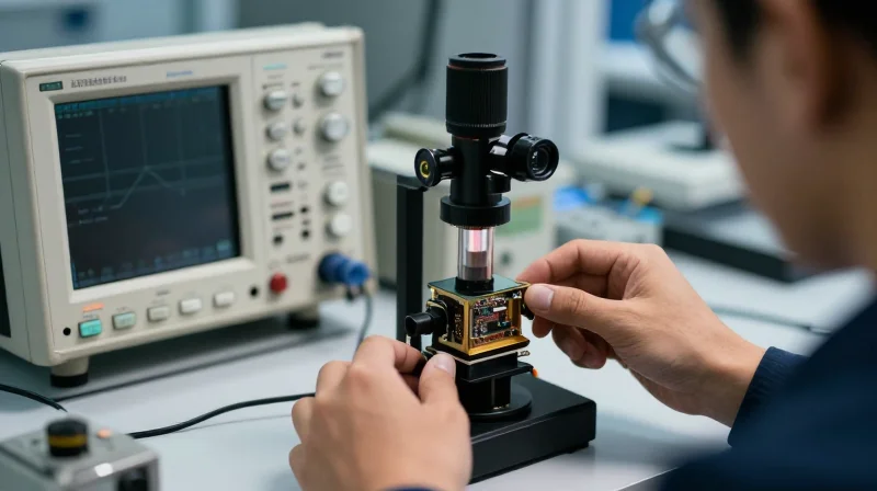 An engineer in a laboratory setting using high-precision equipment to test an optical transceiver.