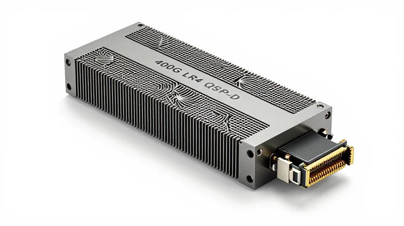 A high-end 400G LR4 QSFP-DD optical transceiver module with a metallic finish and gold-plated connectors on a white background.