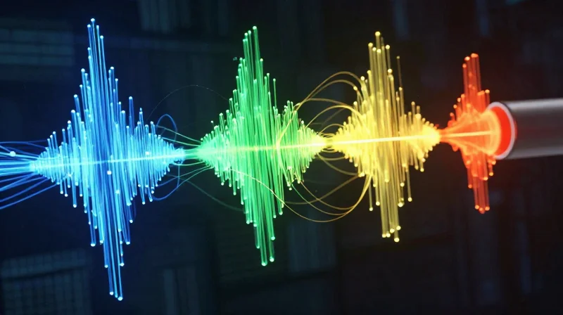 Abstract visualization of four colored laser beams converging into a single fiber optic core representing CWDM technology.