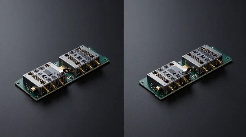Two identical high-tech optical modules shown side-by-side on a dark reflective surface to compare manufacturing models.