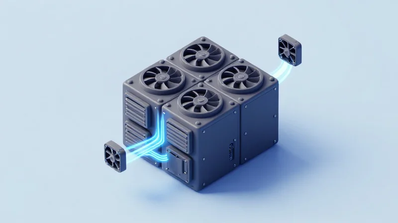 Isometric 3D model of a server unit with blue and red airflow indicators showing heat management.