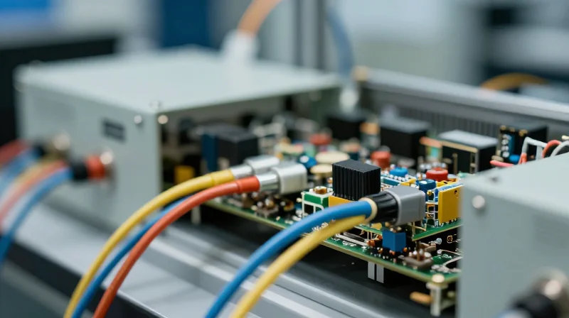 A high-tech testing laboratory scene with specialized equipment for optical transceiver quality assurance.