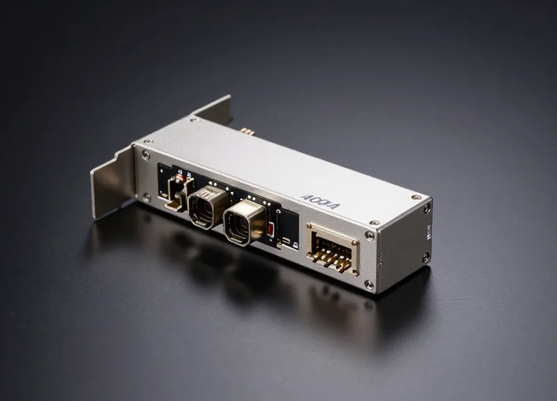 A professional close-up shot of a 400G LR4 optical transceiver module with a metallic finish, showing intricate hardware details and fiber optic ports on a clean, dark reflective surface.