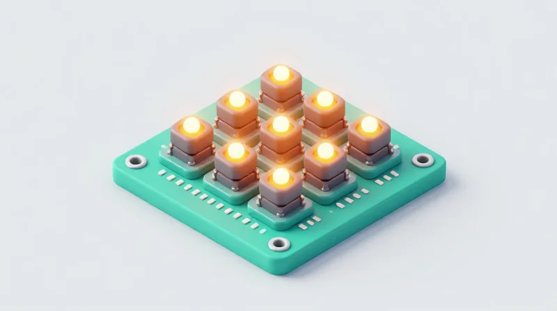 Performance Metrics: Power Consumption and Thermal Management Isometric 3D illustration of a VCSEL laser array on a circuit board with integrated heat sinks.