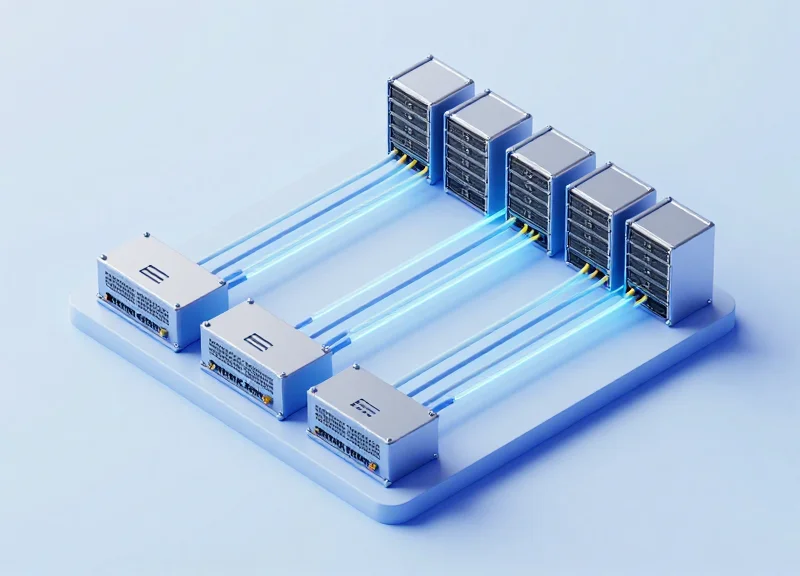 Isometric 3D illustration of a high-speed cloud data center networking module with glowing fiber optic connections, representing 400G SR8 technology.