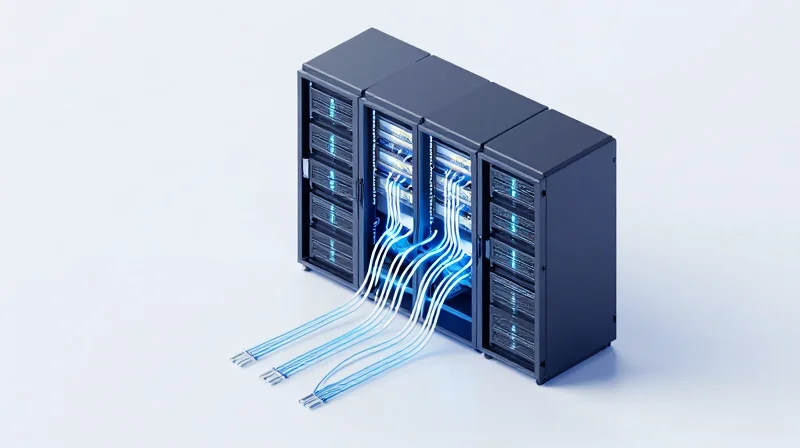 Deployment Scenarios in Hyperscale Cloud Data Centers Isometric view of a data center rack with leaf-and-spine network cabling connections.