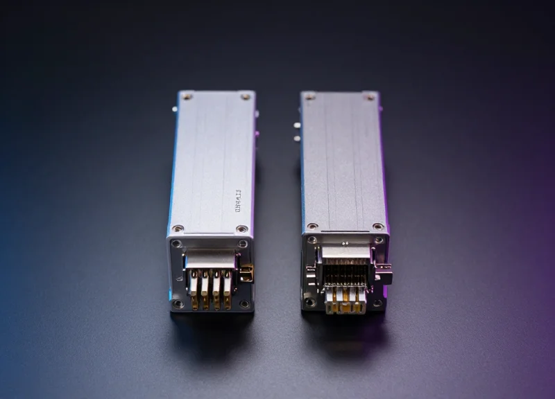 Two high-performance optical transceiver modules placed side-by-side on a sleek, dark reflective surface with subtle blue tech lighting.